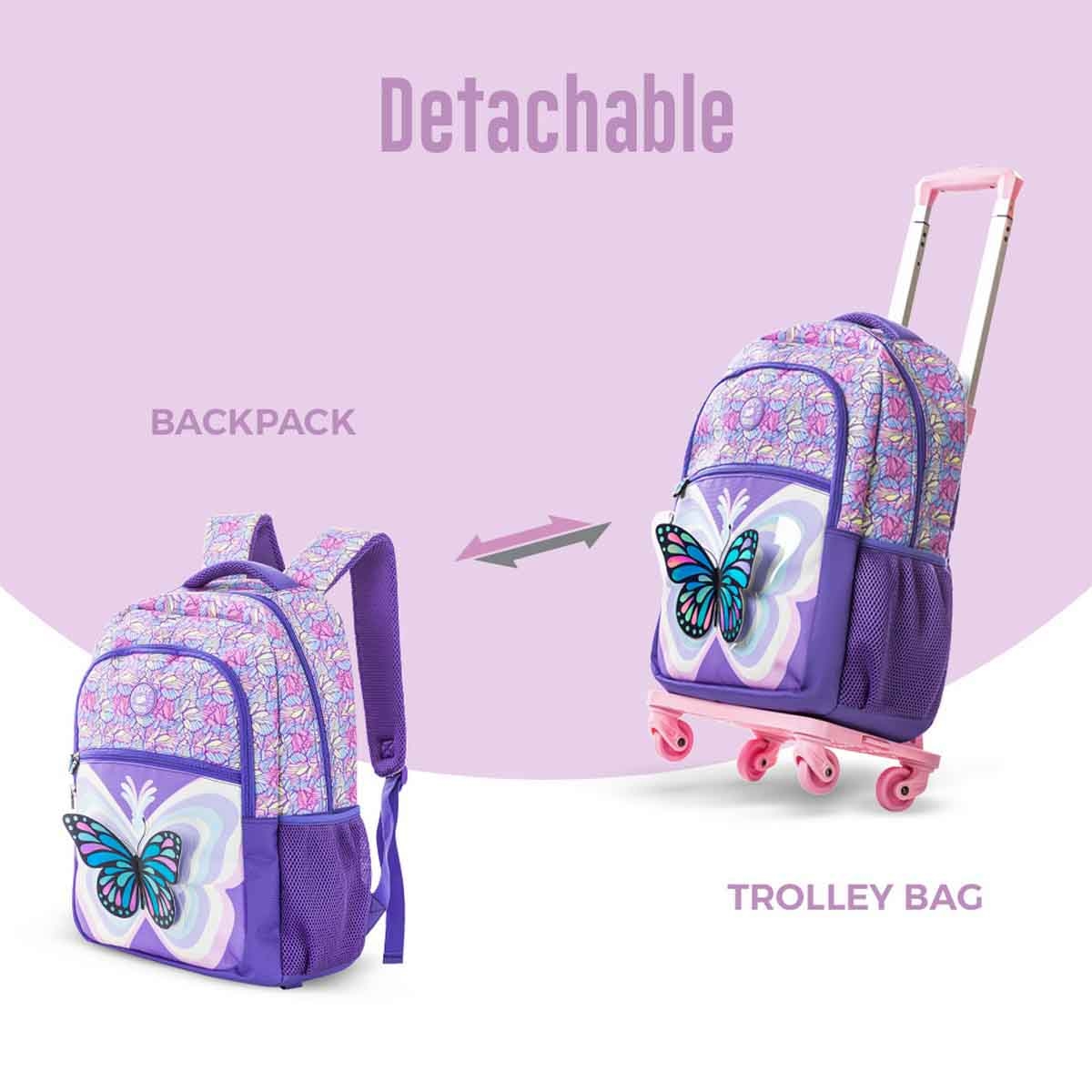 Eazy Kids 18" 3D Butterfly 9-in-1 Backpack with 4 Wheel Trolley, Lunch Bag & Pencil Case