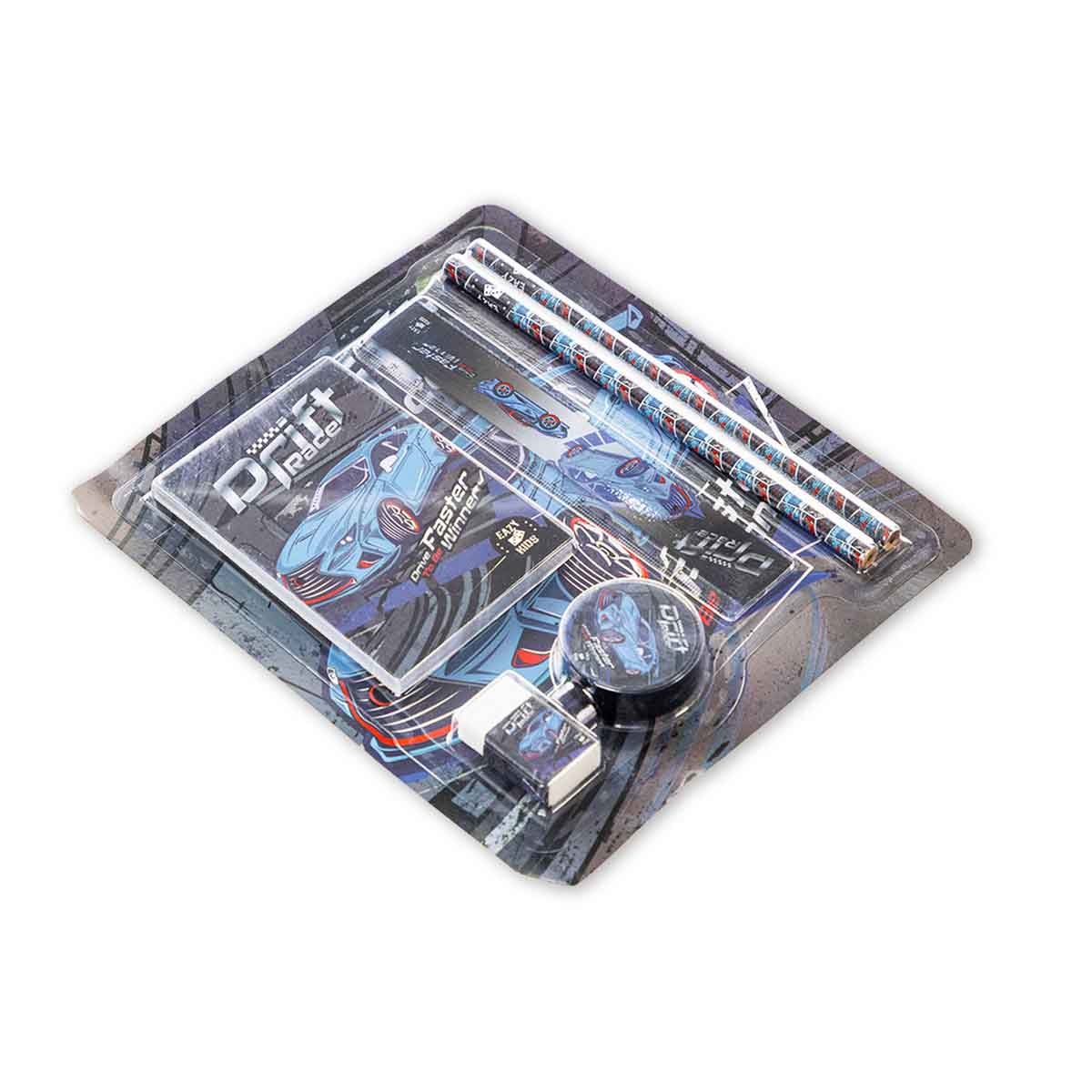 إيزي كيدز حقيبة ظهر 9 في 1 مقاس 18 بوصة بتصميم سباق السيارات مع عربة 4 عجلات وحقيبة غداء ومقلمة