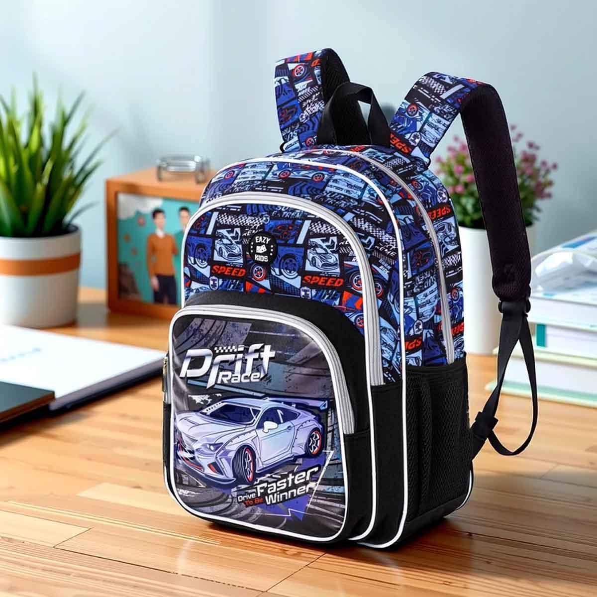 إيزي كيدز حقيبة ظهر 9 في 1 مقاس 18 بوصة بتصميم سباق السيارات مع عربة 4 عجلات وحقيبة غداء ومقلمة