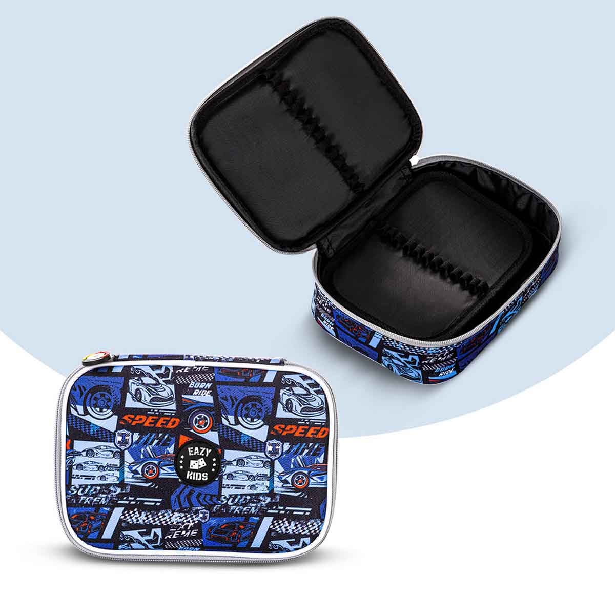 إيزي كيدز حقيبة ظهر 9 في 1 مقاس 18 بوصة بتصميم سباق السيارات مع عربة 4 عجلات وحقيبة غداء ومقلمة