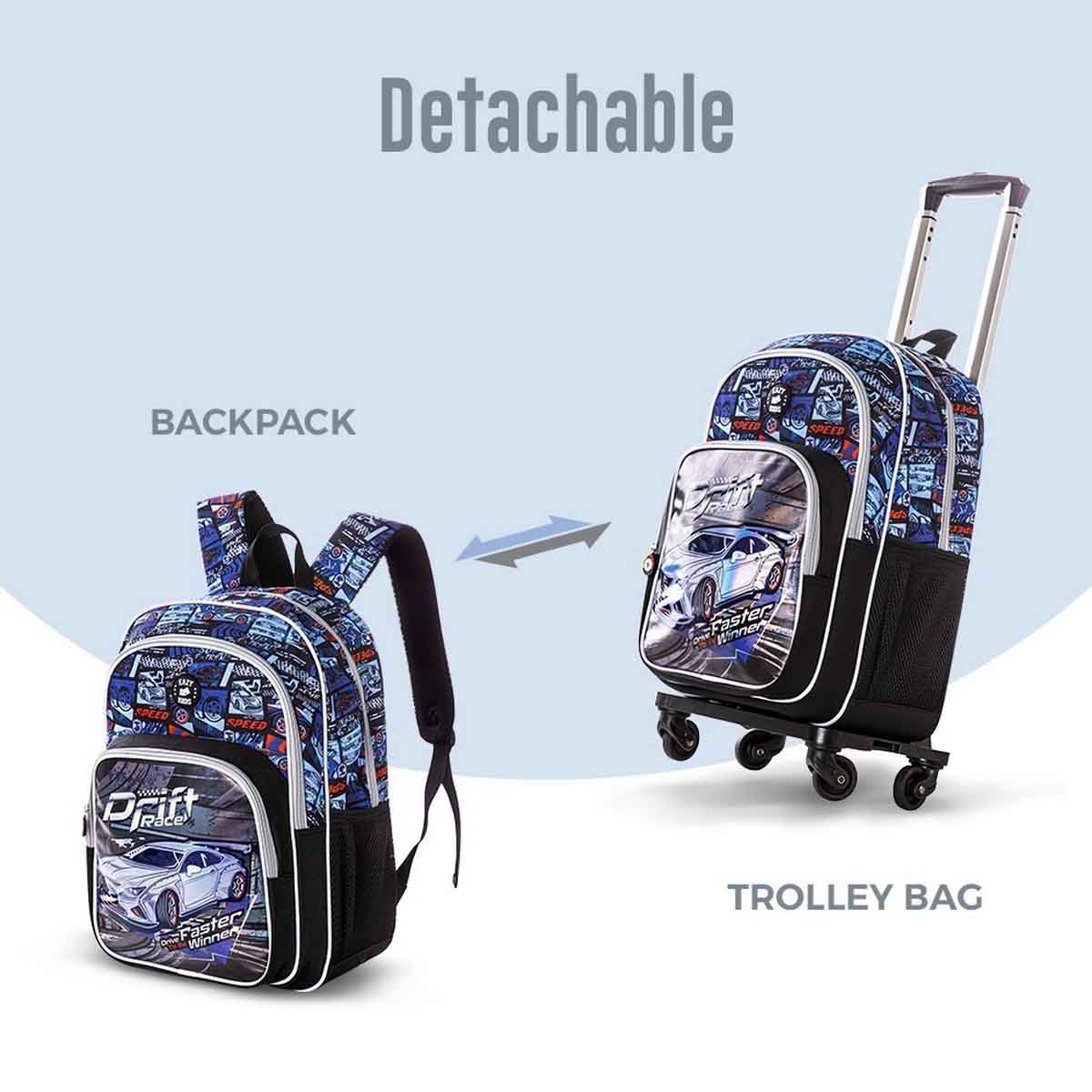 إيزي كيدز حقيبة ظهر 9 في 1 مقاس 18 بوصة بتصميم سباق السيارات مع عربة 4 عجلات وحقيبة غداء ومقلمة