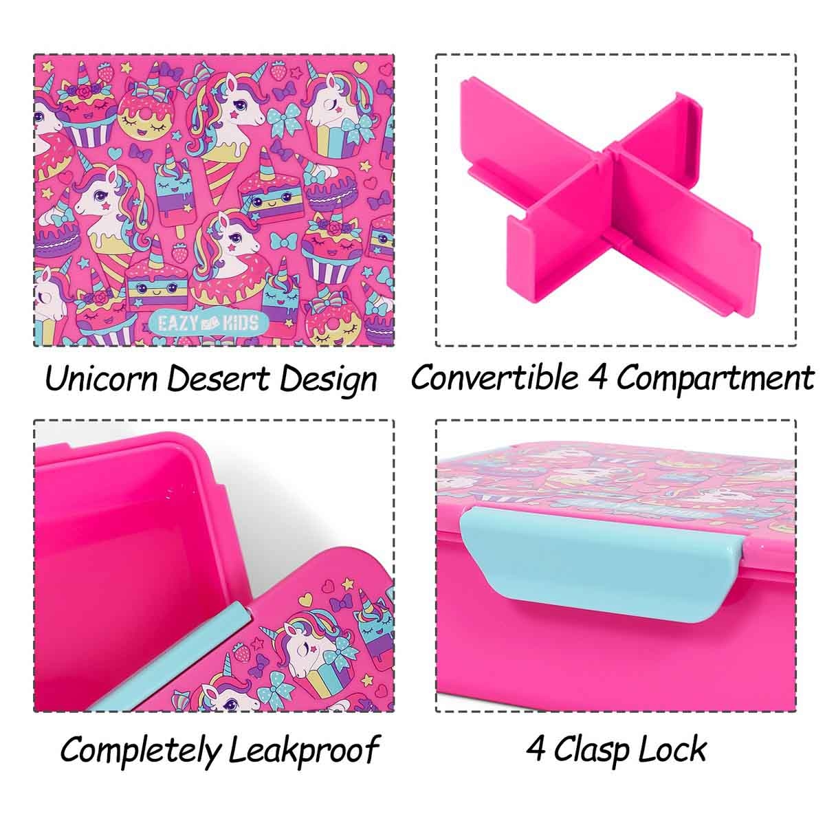 إيزي كيدز صندوق غداء بنتو قابل للتقسيم 1/2/3/4 أقسام بسعة 850 مل بتصميم يونيكورن ديزرت