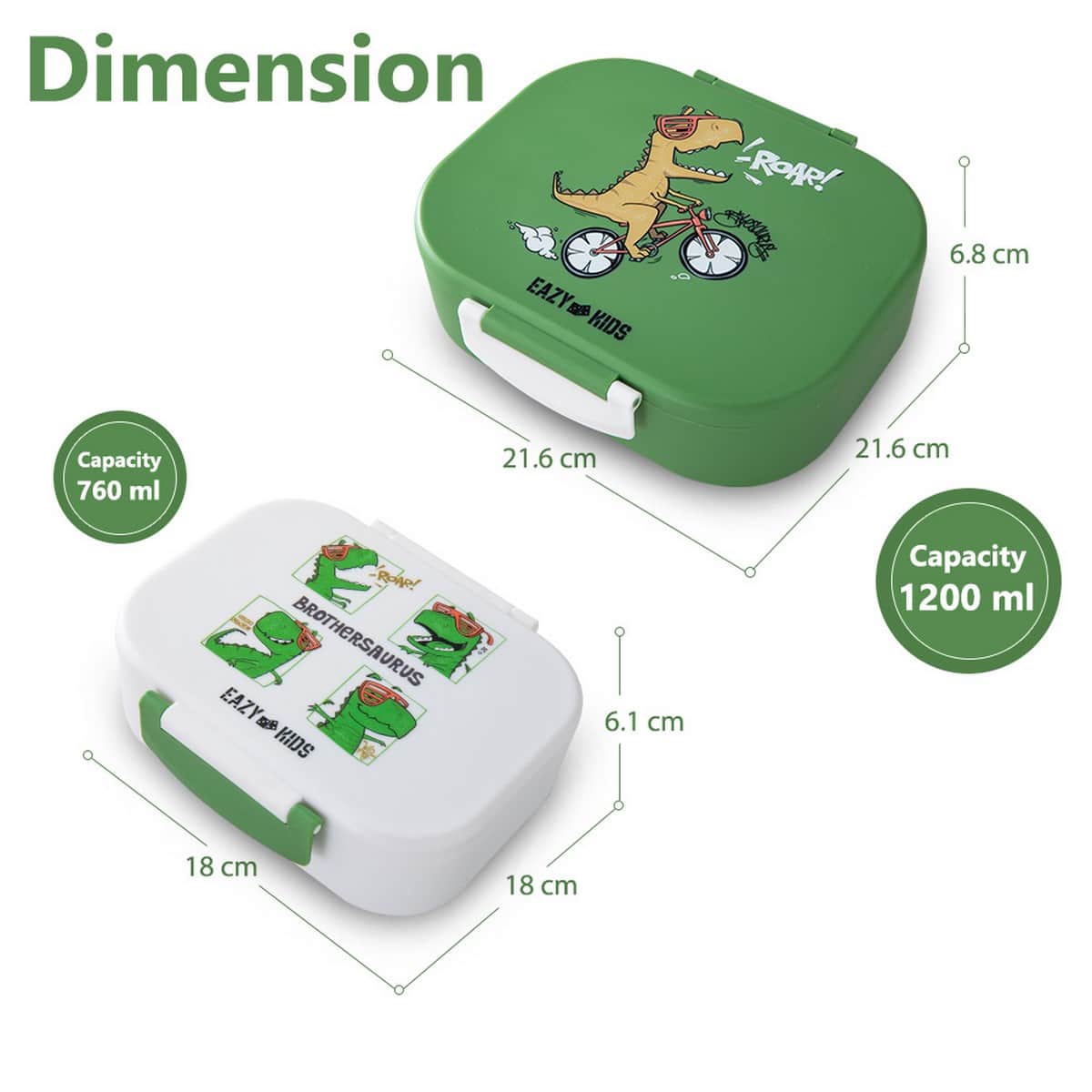 Eazy Kids 2-Piece 1200ml + 760ml Dino Green Bento Lunch Box Set