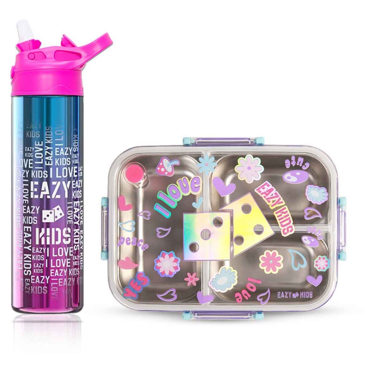 Eazy Kids 800ml Floral 3-Compartment 800ml Stainless Steel Bento Lunch Box with Steel Water Bottle