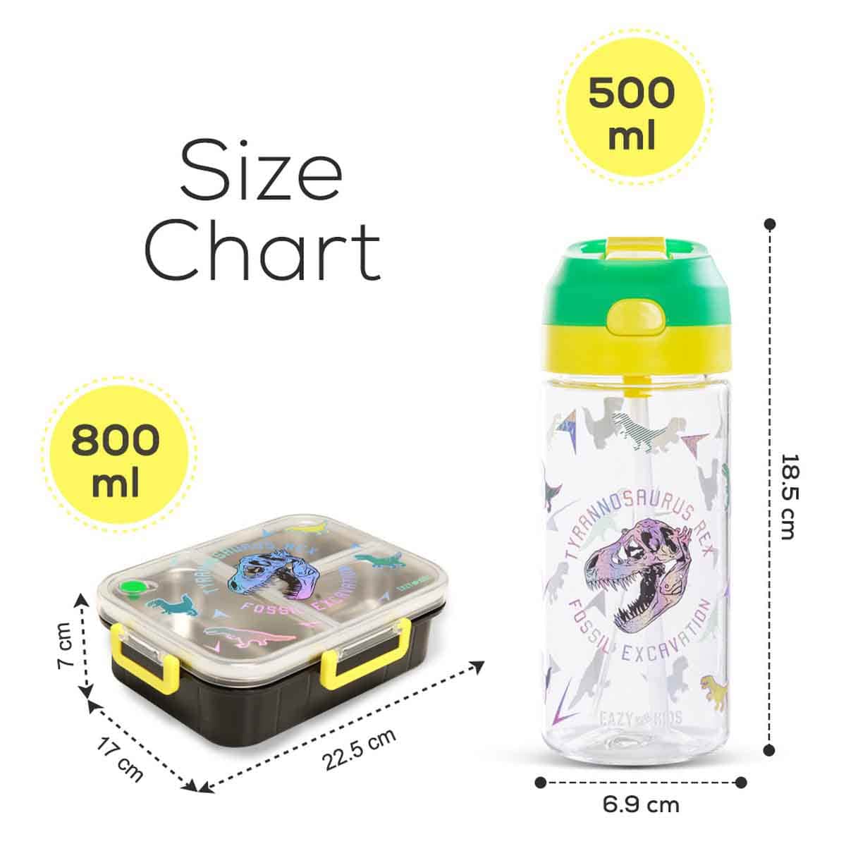 Eazy Kids 800ml T- Rex 3-Compartment Stainless Steel Bento Lunch Box with Water Bottle