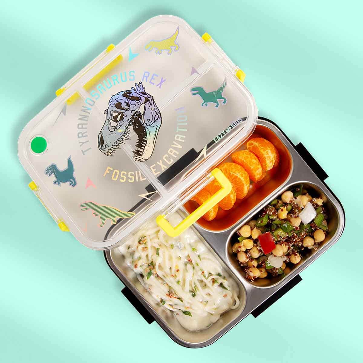 Eazy Kids 800ml T- Rex 3-Compartment Stainless Steel Bento Lunch Box with Water Bottle