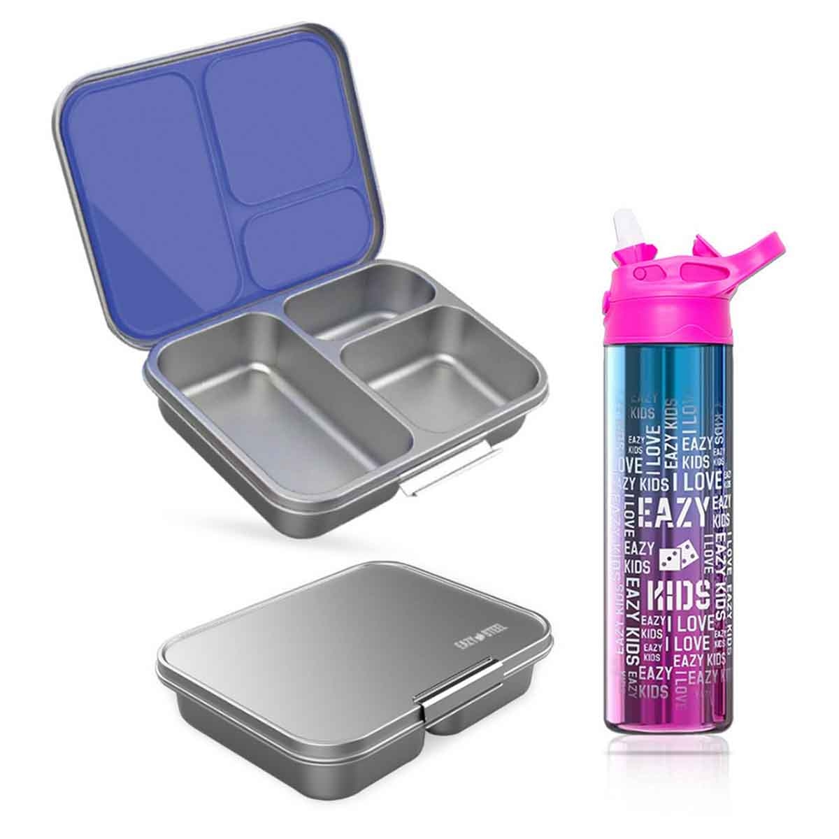 إيزي كيدز صندوق غداء بنتو ستانلس ستيل بثلاثة أقسام باللون البنفسجي مع زجاجة ماء ستانلس ستيل 530 مل