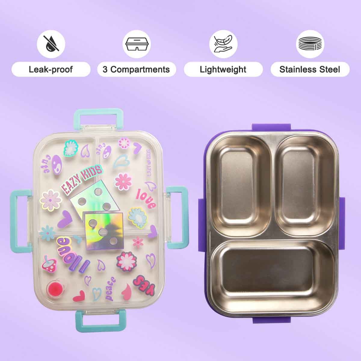 Eazy Kids 800ml Floral 3-Compartment Stainless Steel Bento Lunch Box