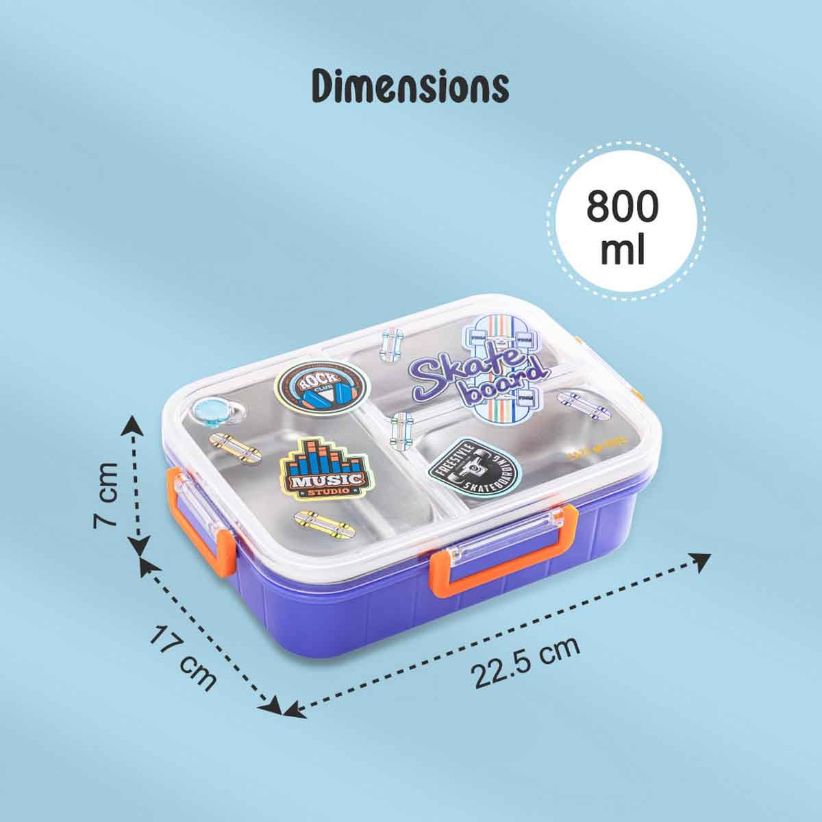 إيزي كيدز صندوق غداء بنتو من ستانلس ستيل بسعة 800 مل بثلاثة أقسام بتصميم سكايت بورد