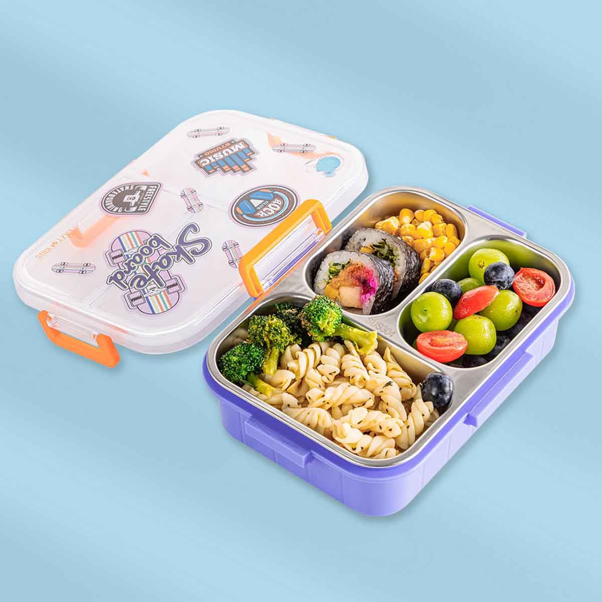 إيزي كيدز صندوق غداء بنتو من ستانلس ستيل بسعة 800 مل بثلاثة أقسام بتصميم سكايت بورد