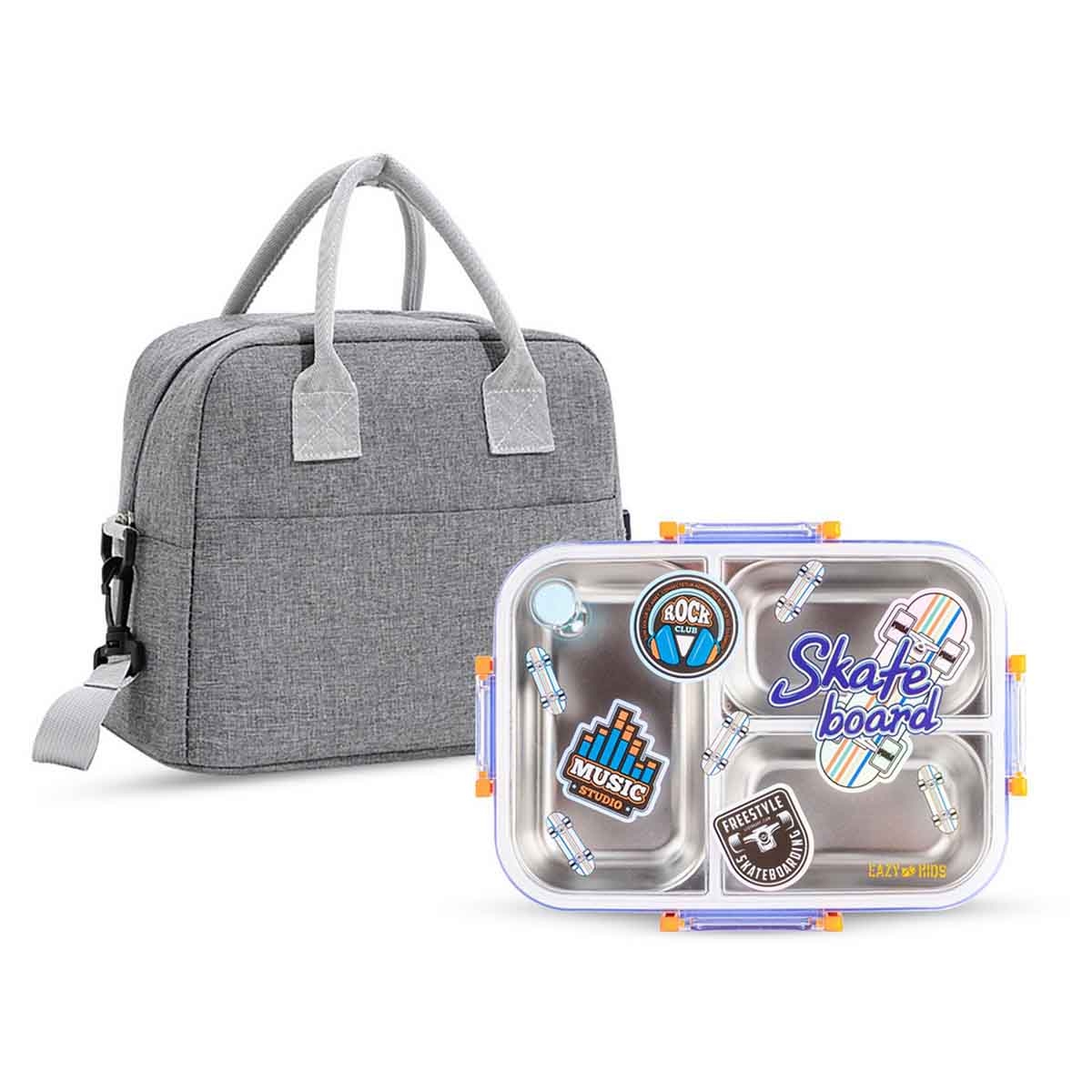Eazy Kids 800ml Skate Board 3-Compartment Stainless Steel Bento Lunch Box with Lunch Bag