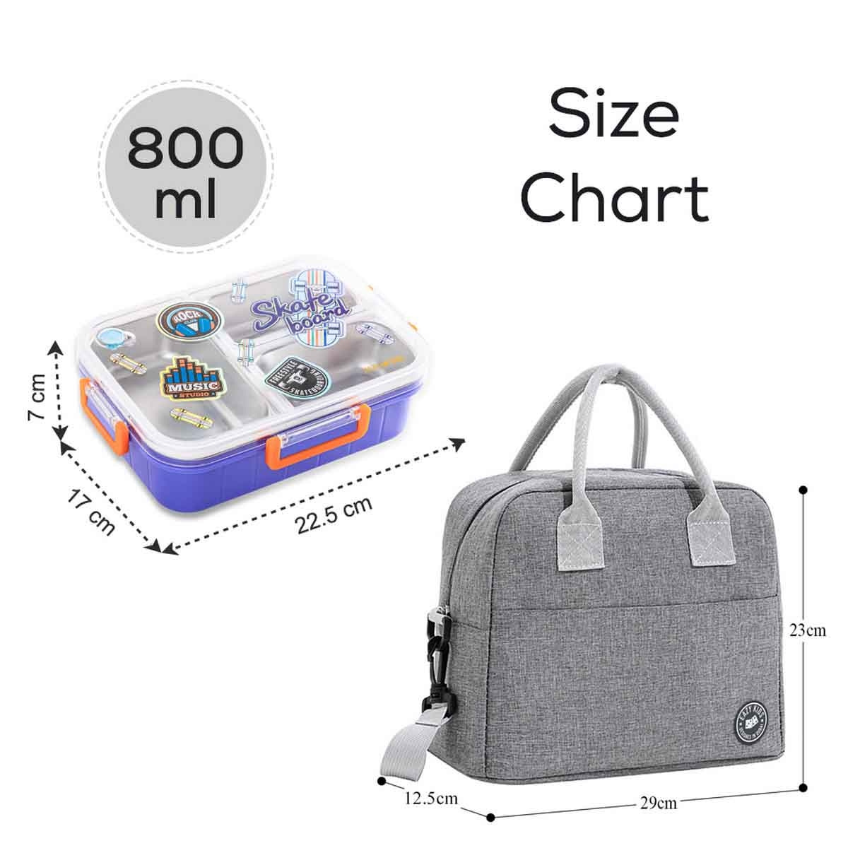 Eazy Kids 800ml Skate Board 3-Compartment Stainless Steel Bento Lunch Box with Lunch Bag