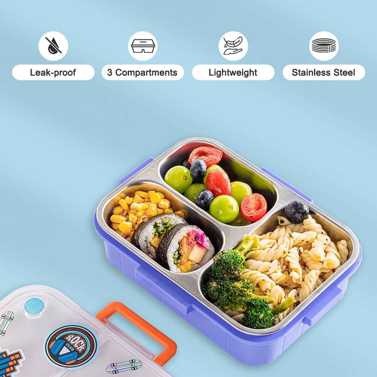 Eazy Kids 800ml Skate Board 3-Compartment Stainless Steel Bento Lunch Box with Lunch Bag