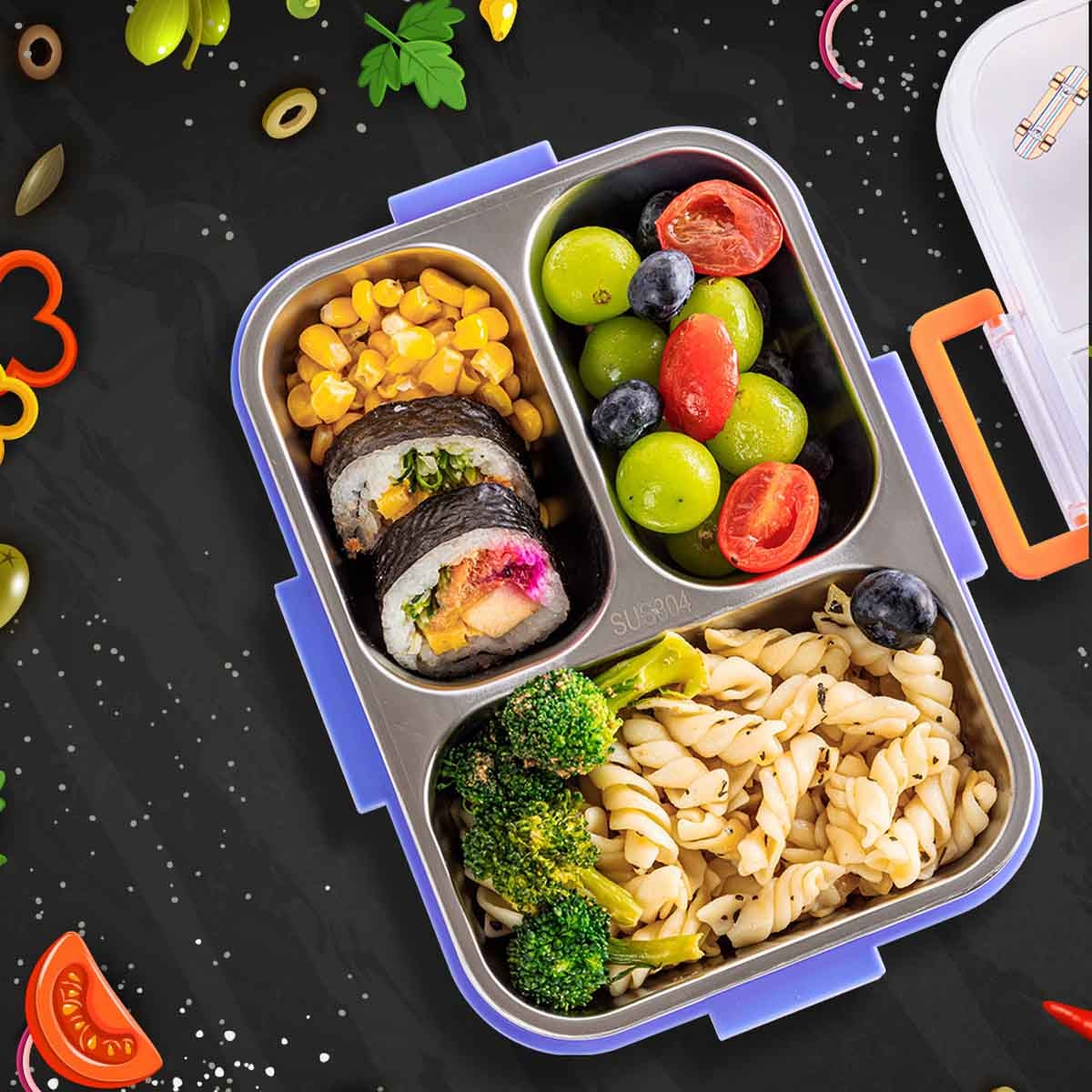 Eazy Kids 800ml Skate Board 3-Compartment Stainless Steel Bento Lunch Box with Lunch Bag