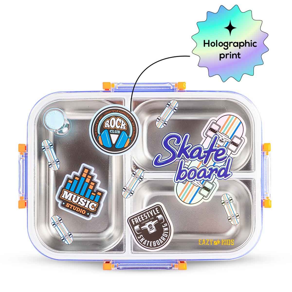 Eazy Kids 800ml Skate Board 3-Compartment Stainless Steel Bento Lunch Box with Lunch Bag