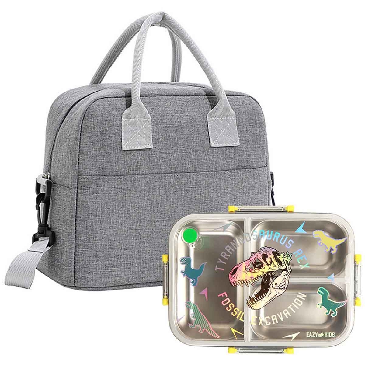 Eazy Kids 800ml T-Rex 3-Compartment Stainless Steel Bento Lunch Box Lunch Bag