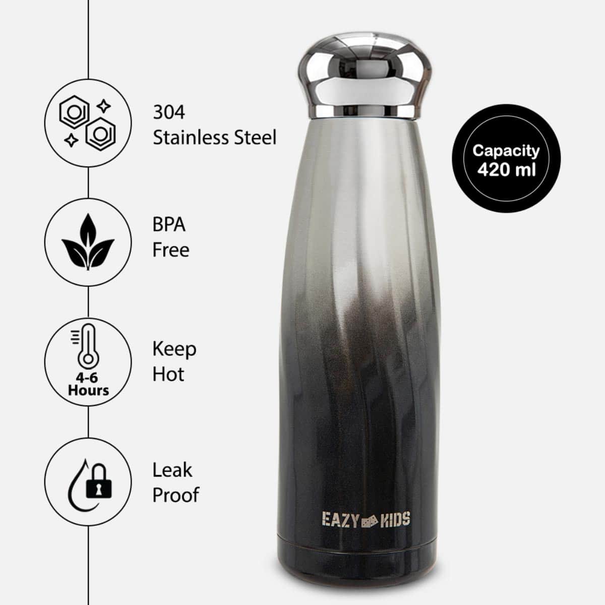 Eazy Kids 420ml Black Double Walled Stainless Steel Water Bottle