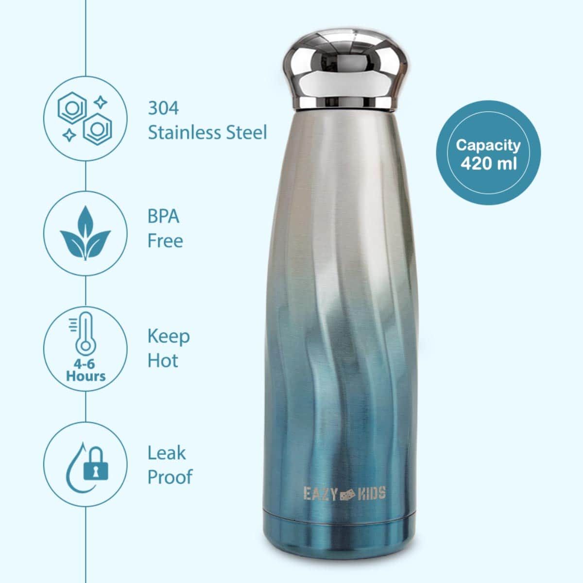 Eazy Kids 420ml Blue Double Walled Stainless Steel Water Bottle