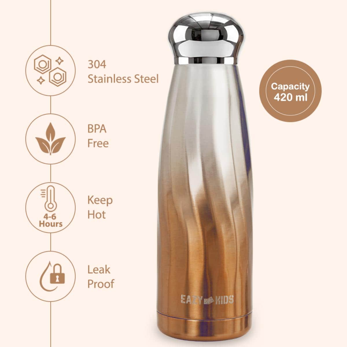 Eazy Kids 420ml Bronze Double Walled Stainless Steel Water Bottle