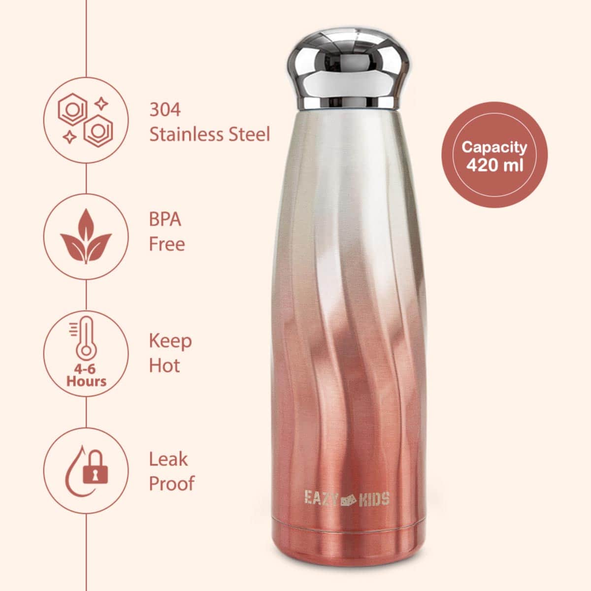 Eazy Kids 420ml Rose Gold Double Walled Stainless Steel Water Bottle