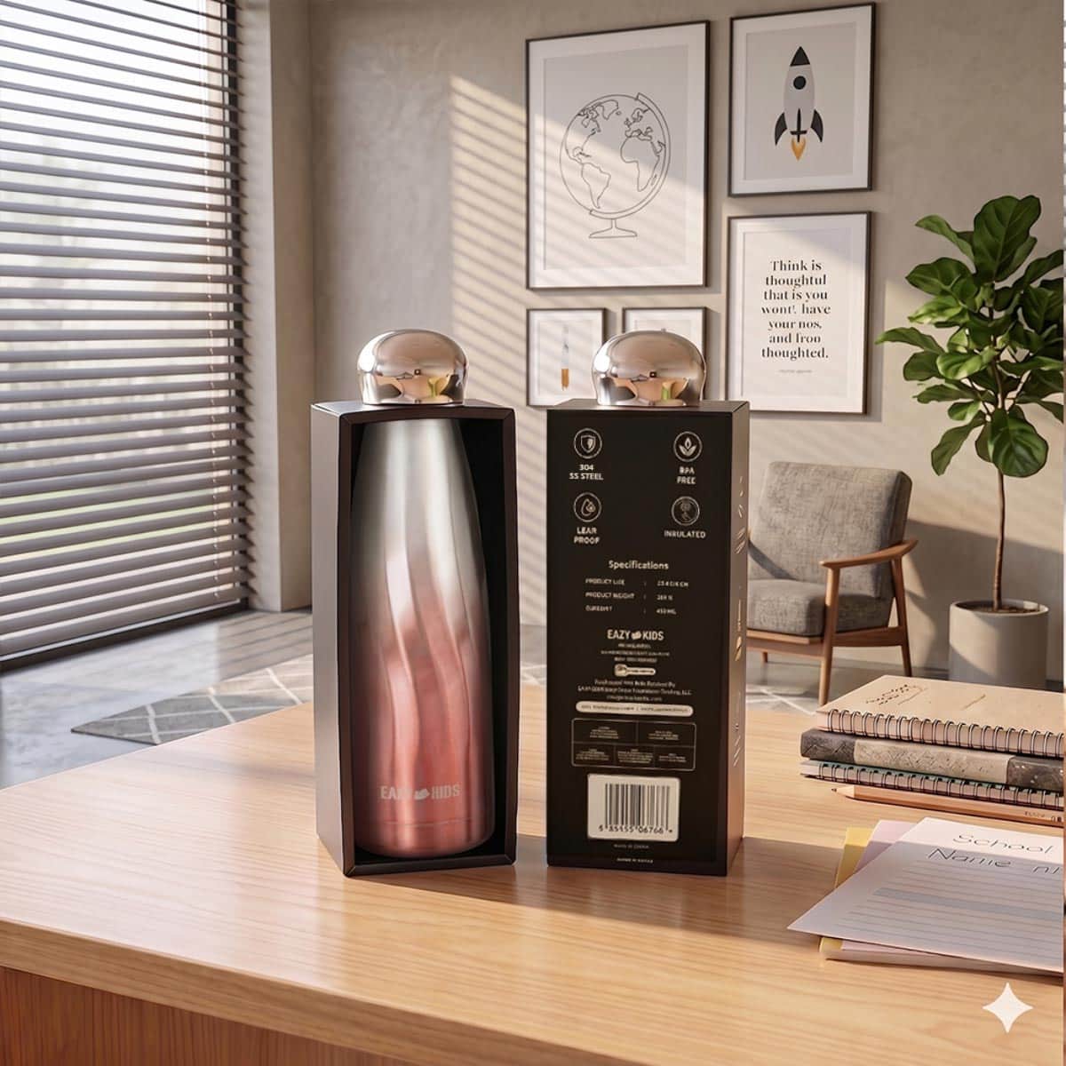 Eazy Kids 420ml Rose Gold Double Walled Stainless Steel Water Bottle