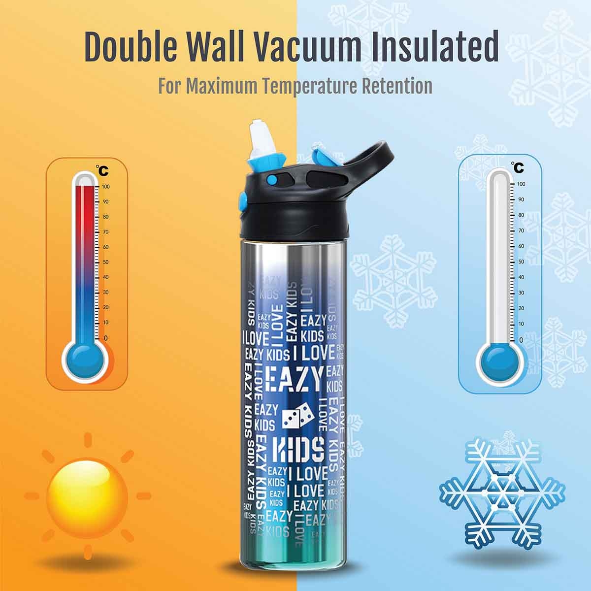 Eazy Kids 530ml Double Wall Stainless Steel Blue Water Bottle Unisex, 3-4 Years