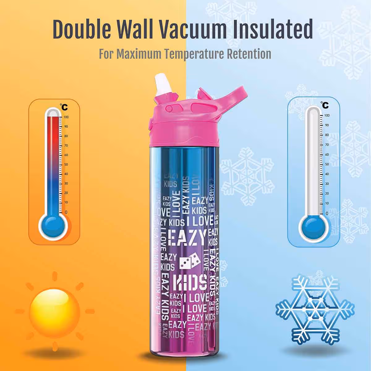 Eazy Kids 530ml Double Wall Stainless Steel Pink Water Bottle Unisex, 3-4 Years