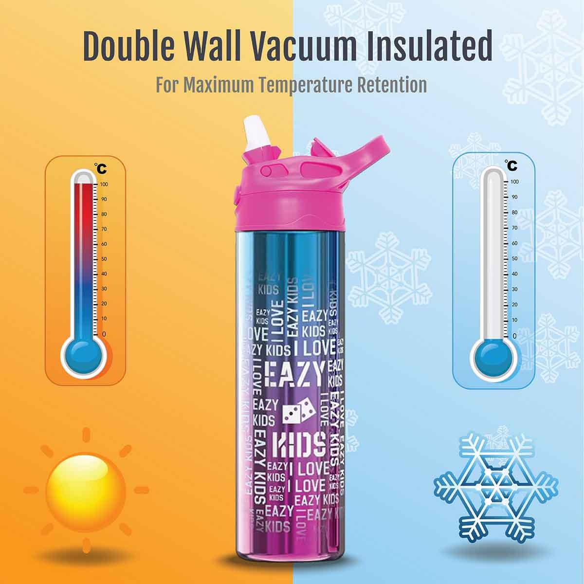 Eazy Kids 530ml Double Wall Stainless Steel Pink Water Bottle Unisex, 3-4 Years