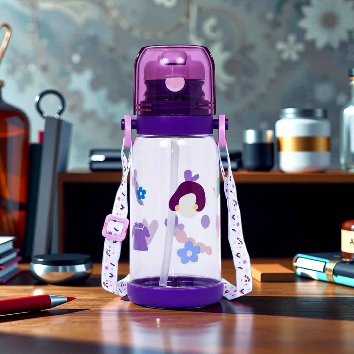 Eazy Kids 600ml Purple Water Bottle with Straw Unisex, 3-4 Years