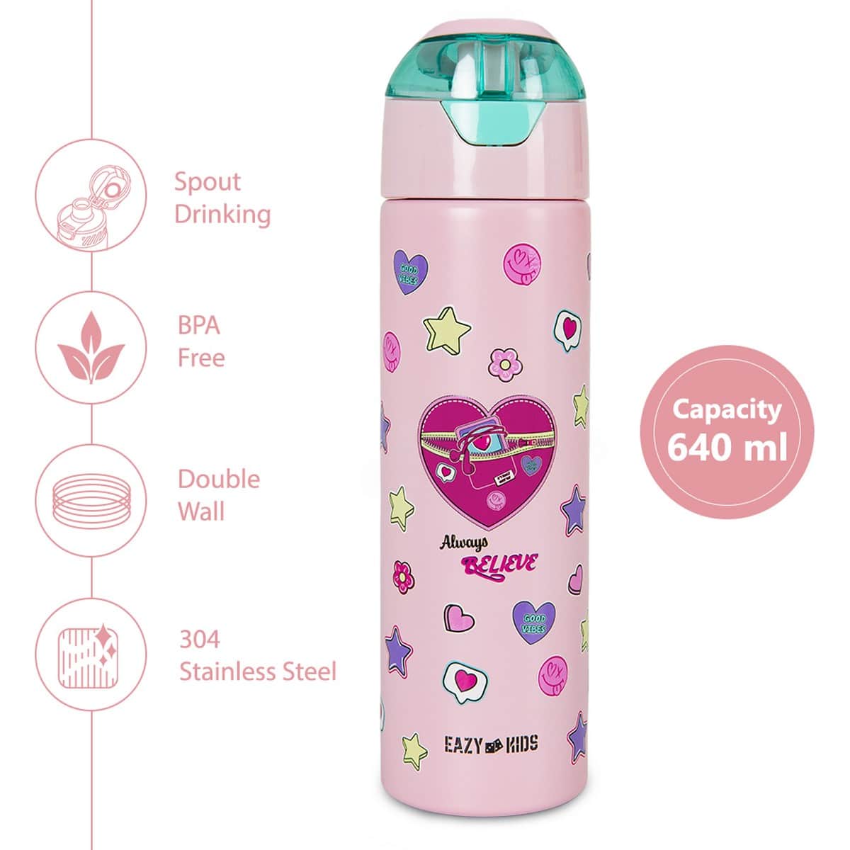 Eazy Kids 640ml Always Believe Insulated Stainless Steel Water Bottle with Spray