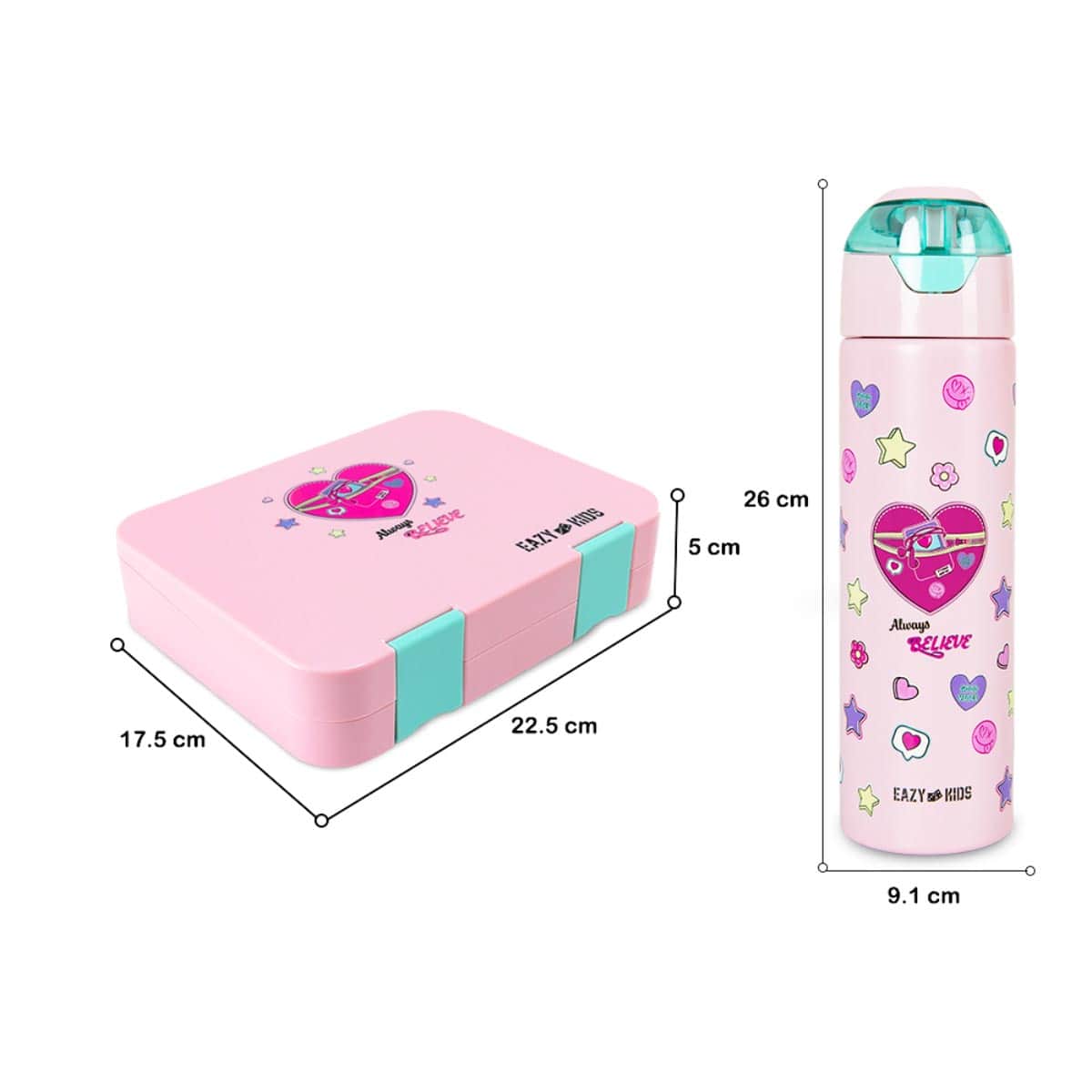 Eazy Kids 640ml Always Believe Pink Convertible Bento Lunch Box with Insulated Water Bottle