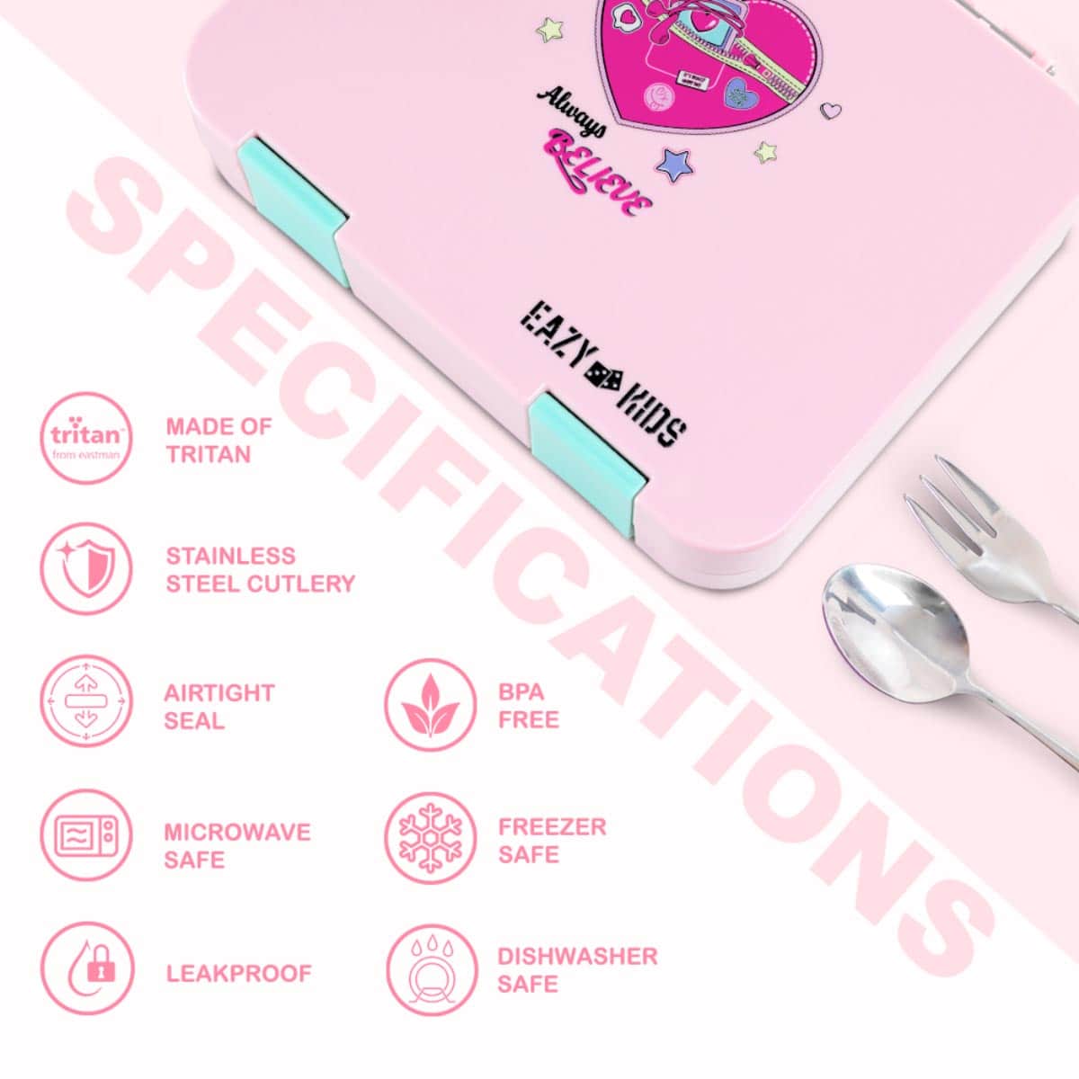 Eazy Kids 640ml Always Believe Pink Convertible Bento Lunch Box with Insulated Water Bottle