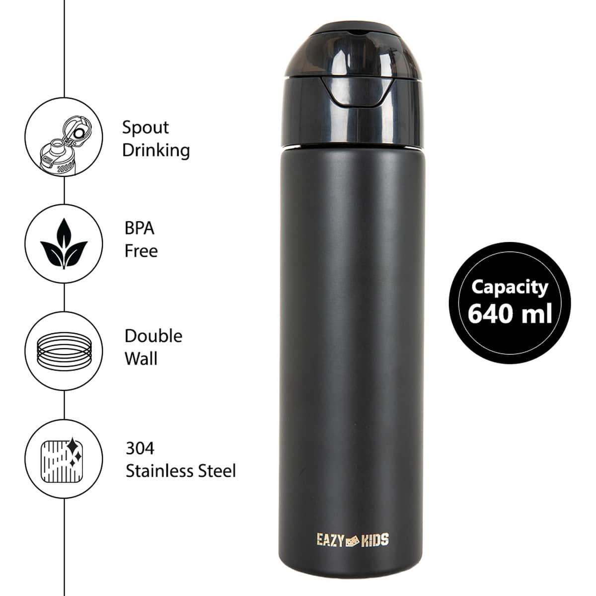 Eazy Kids 640ml Black Insulated Stainless Steel Water Bottle with Spray