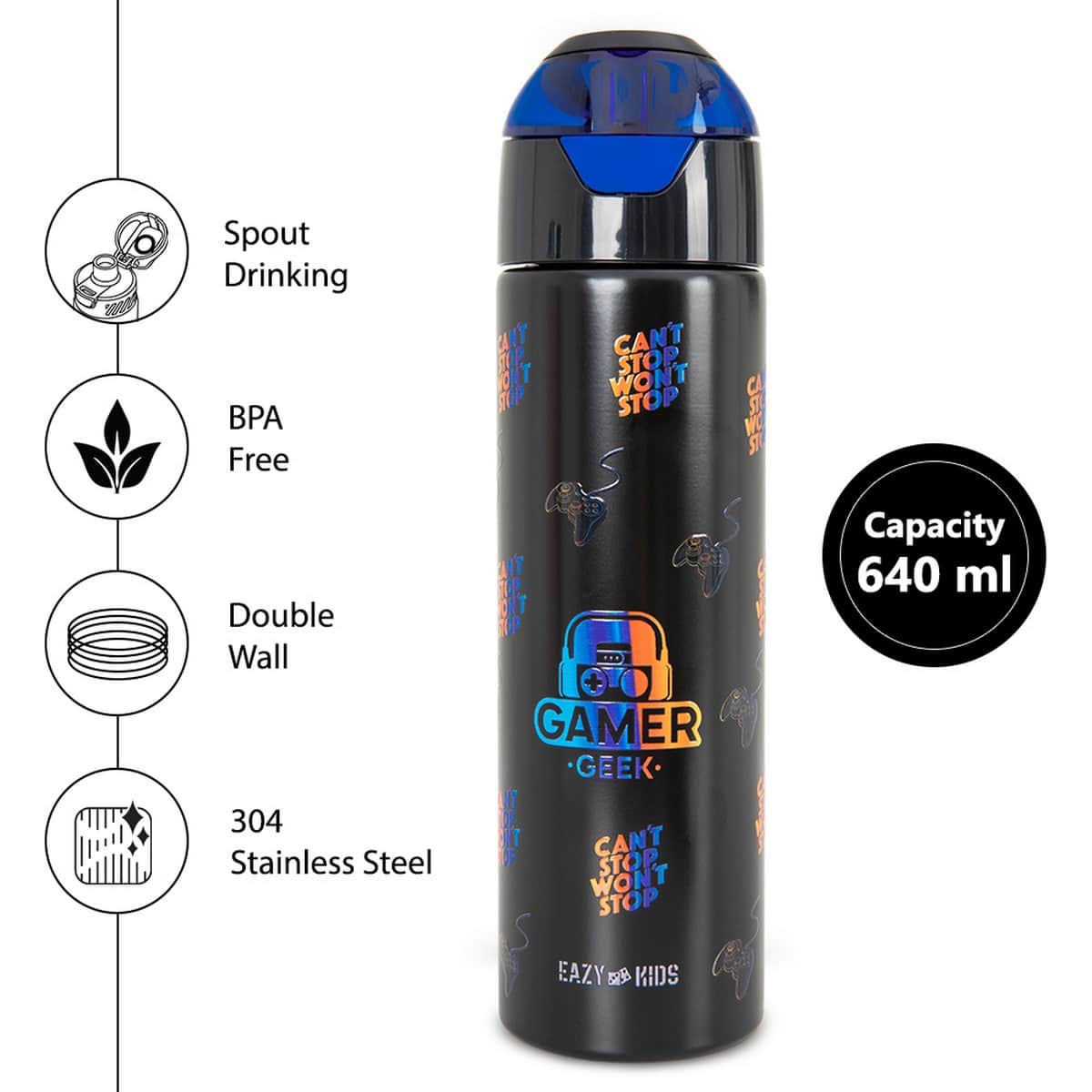 Eazy Kids 640ml Gamer Insulated Stainless Steel Water Bottle with Spray