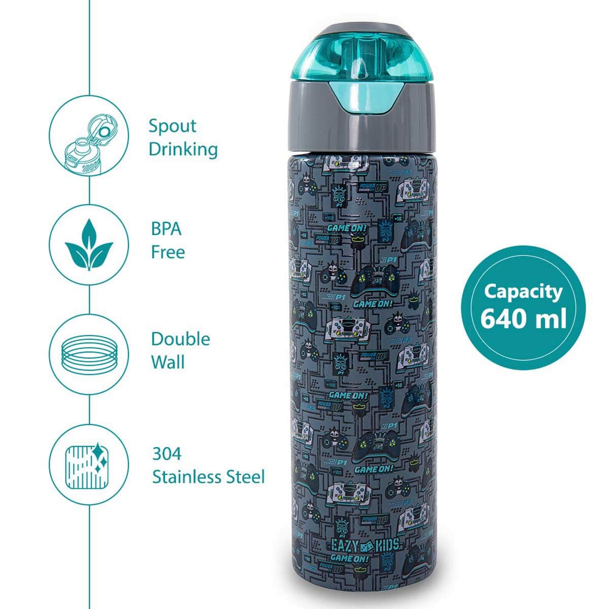 Eazy Kids 640ml Gaming Insulated Stainless Steel Water Bottle with Spray