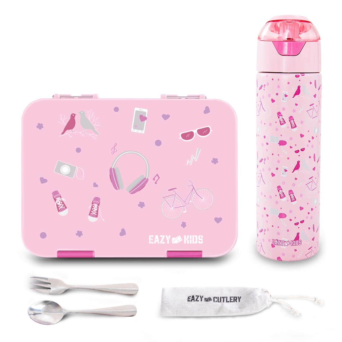 Eazy Kids 640ml Life Pink Convertible Bento Lunch Box with Insulated Water Bottle