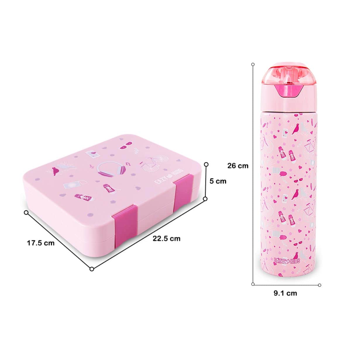 Eazy Kids 640ml Life Pink Convertible Bento Lunch Box with Insulated Water Bottle