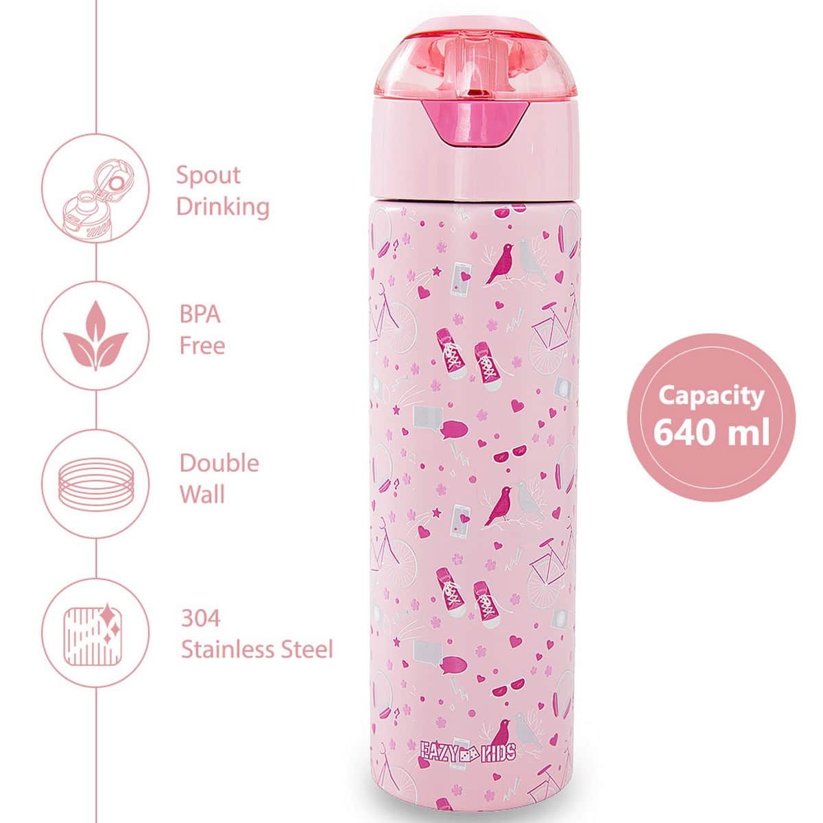 Eazy Kids 640ml Life Pink Insulated Stainless Steel Water Bottle with Spray
