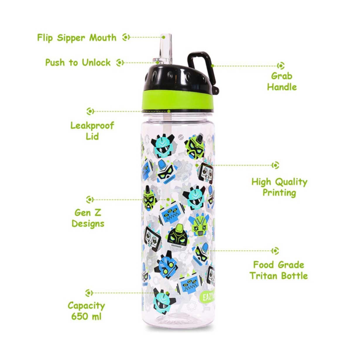 Eazy Kids 650ml Black Tritan Gen Z Water Bottle with Carry Handle