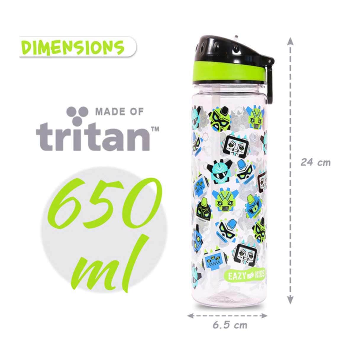 Eazy Kids 650ml Black Tritan Gen Z Water Bottle with Carry Handle