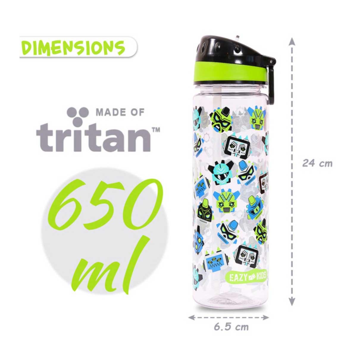 Eazy Kids 650ml Black Tritan Gen Z Water Bottle with Carry Handle