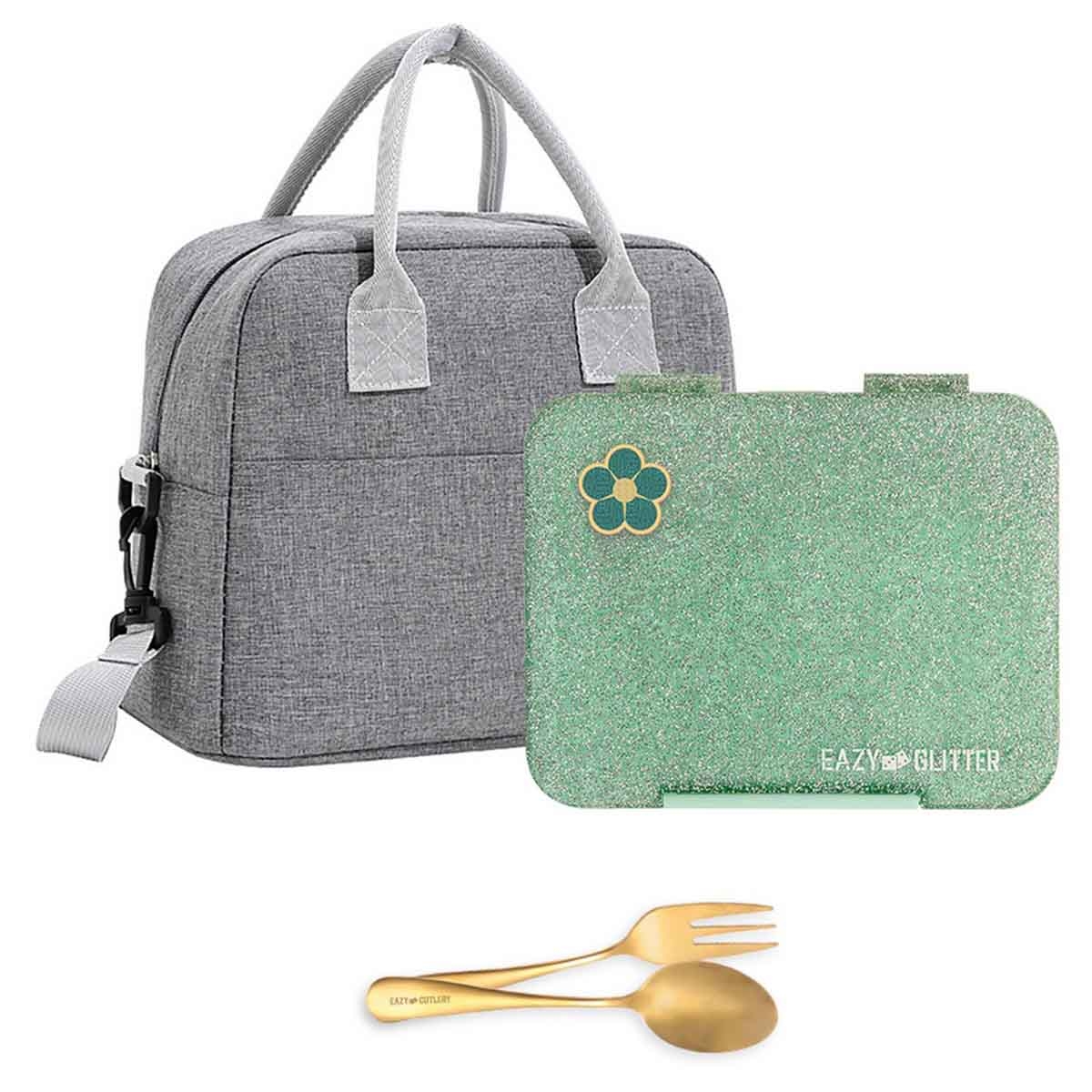 Eazy Kids 1160ml Glitter 6 & 4 Convertible Bento Lunch Box with Lunch Bag