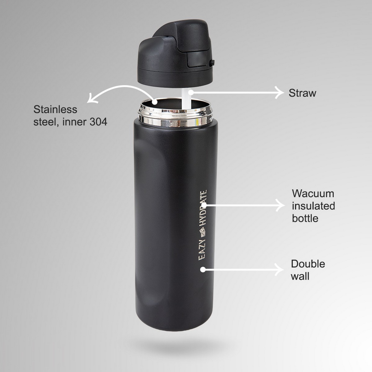 Eazy Kids 710ml Black Stainless Steel Water Bottle