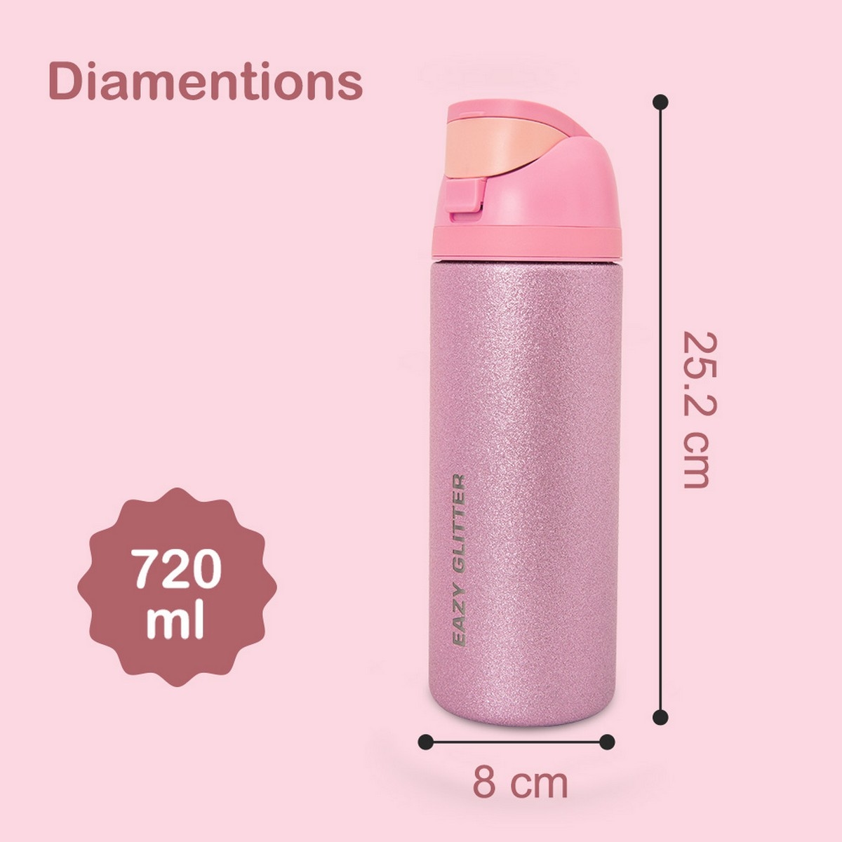 Eazy Kids 720ml Glitter Stainless Steel Water Bottle