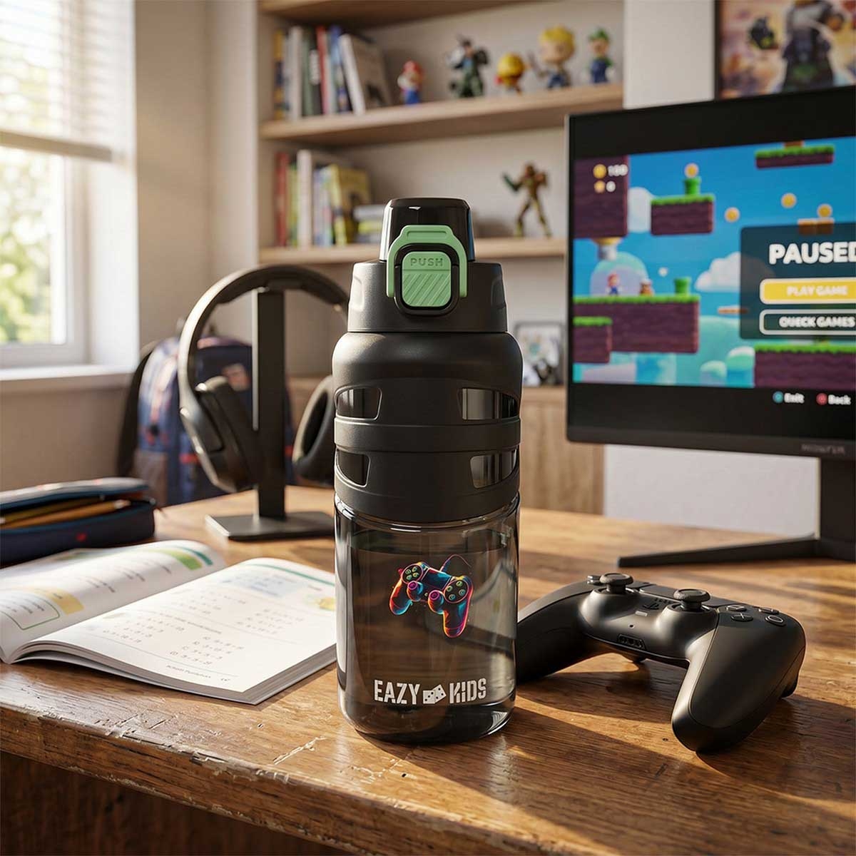 Eazy Kids 750ml Gamer Black Flip Top Water Bottle