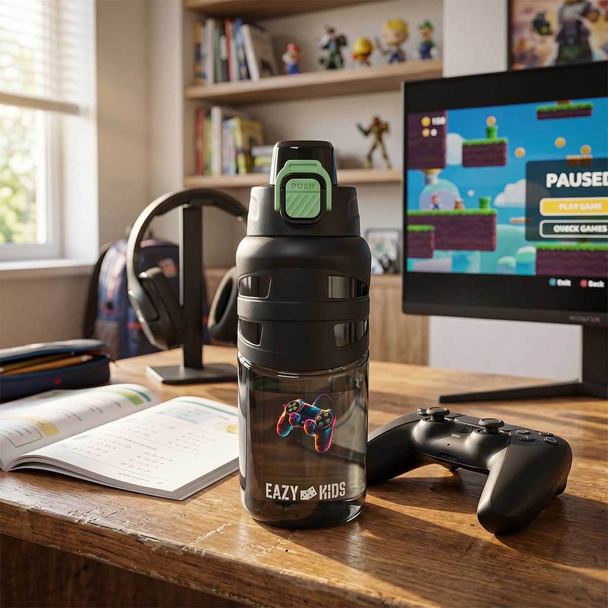 Eazy Kids 750ml Gamer Black Flip Top Water Bottle