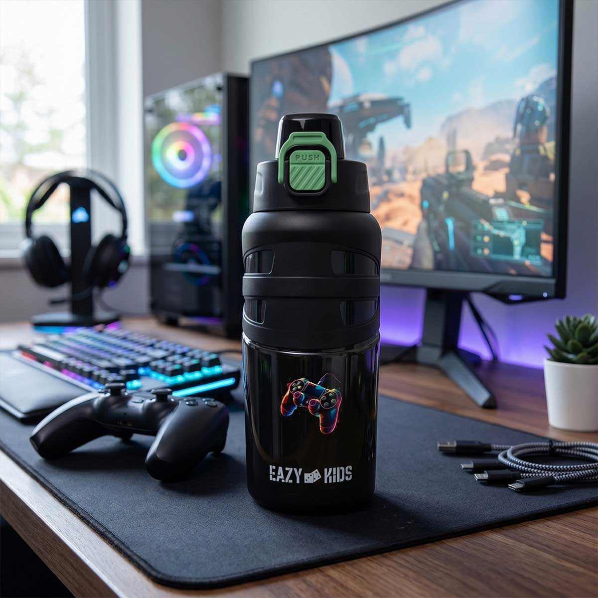 Eazy Kids 750ml Gamer Black Flip Top Water Bottle
