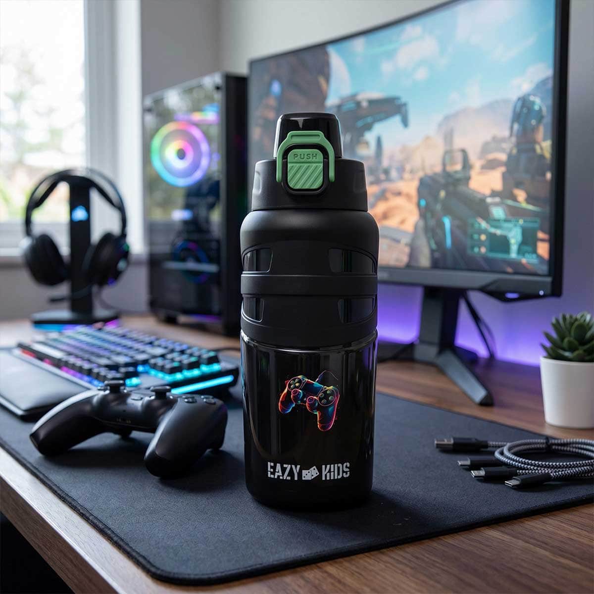 Eazy Kids 750ml Gamer Black Flip Top Water Bottle