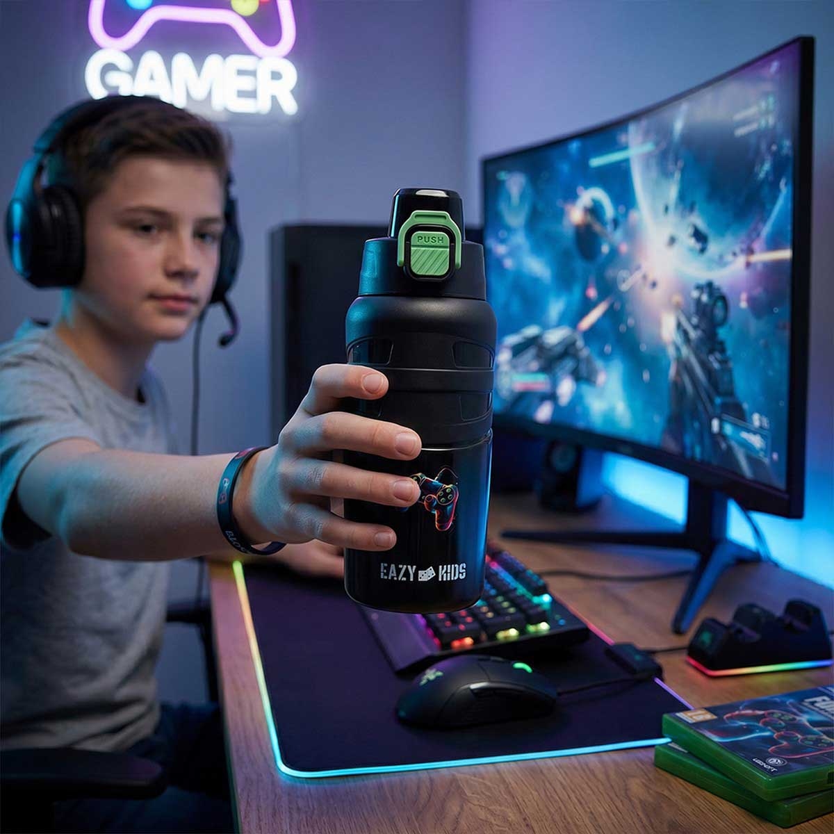 Eazy Kids 750ml Gamer Black Flip Top Water Bottle