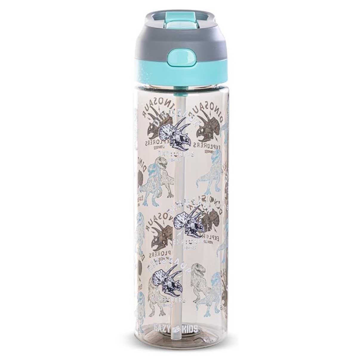 زجاجة مياه إيزي كيدز سعة 750 مل بتصميم ديناصور رمادي مصنوعة من مادة التريتان مع بخاخ
